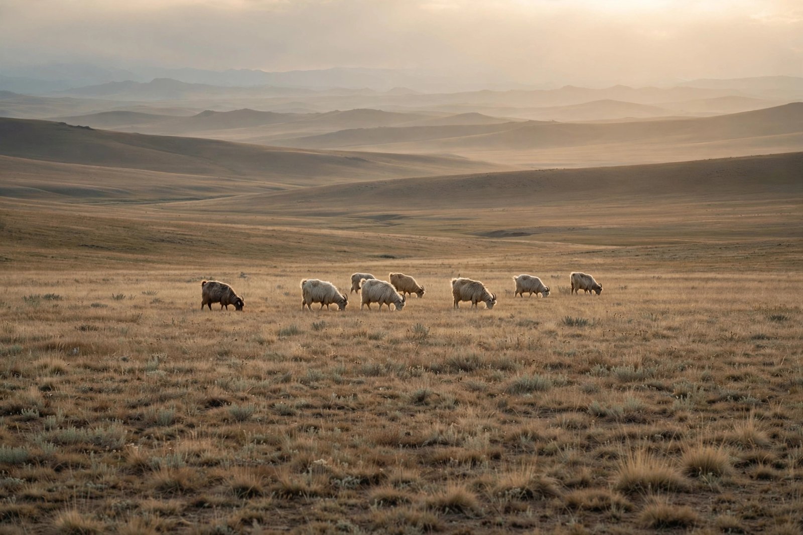 Kaschmirziegen in den Hochlandsteppen der Inneren Mongolei im Abendlicht